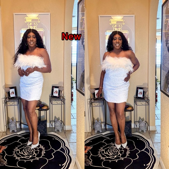 White Strapless Dress with Furry Trim - Picture 5 of 13